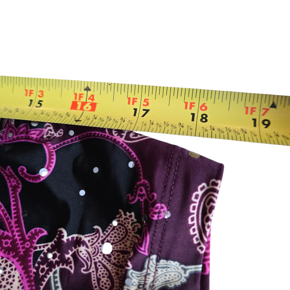 Women’s Medium Paisley Surplice Purple Black 3/4 Sleeve Ruched Stretch Top - Picture 6 of 6